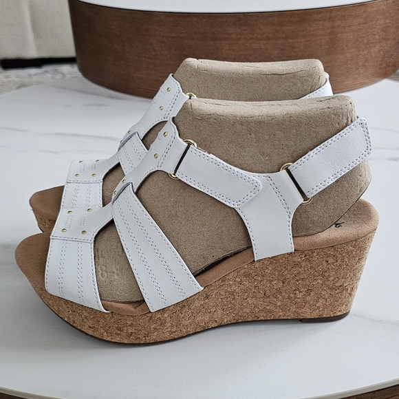Clarks Shoes - Clarks White Leather Adjustable Strap Cork Wedge Sandals Size 9M